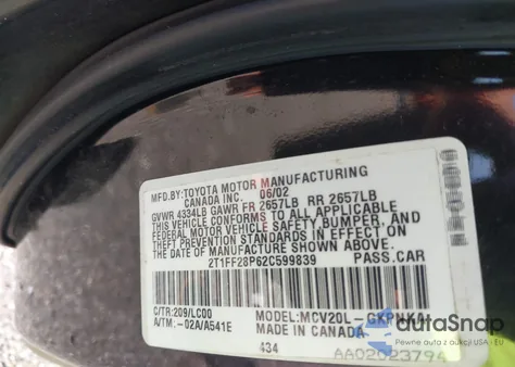 2002 Toyota Camry Solara Sle V6 from USA, damaged, VIN 2T1FF28P62C599839